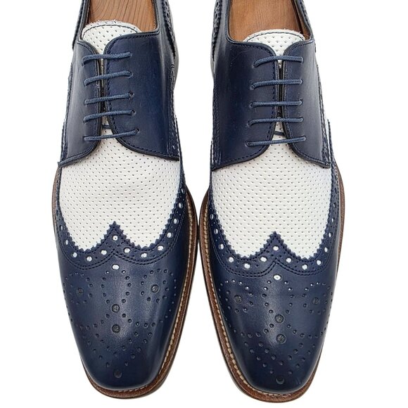 Paul Fredrick Navy Blue White Leather Wingtip Derby Oxfords Mens 8 Dress Shoes - Picture 2 of 10